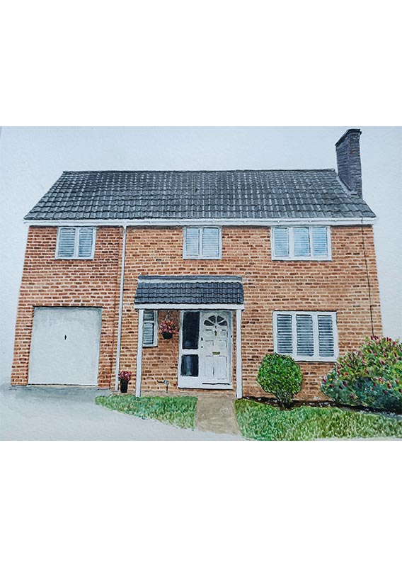 An 80s Detached House by houseportra.it A line and wash watercolour painting of a two storey, brick built, house with a small garden at the front by Matt Smart of houseportra.it