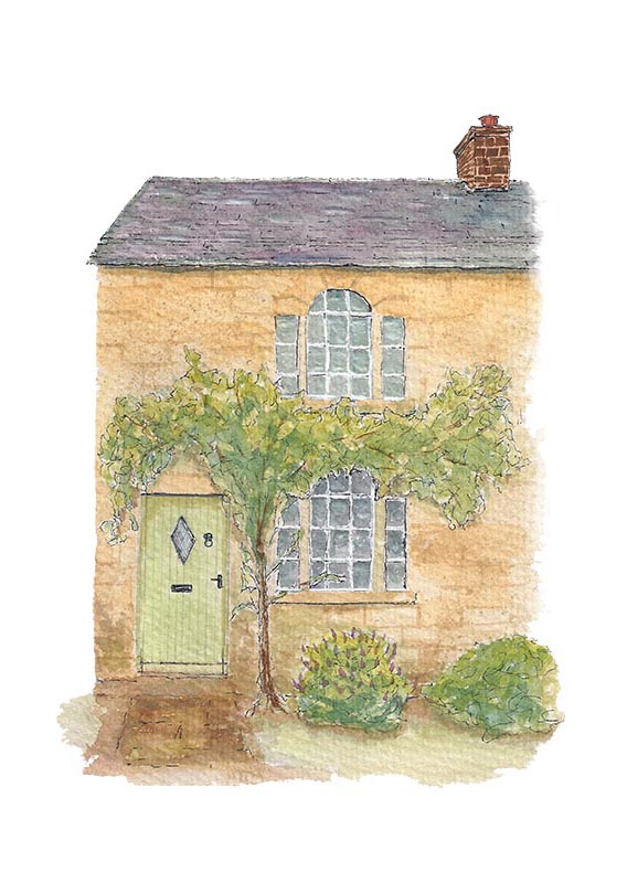 A Cotswold Cottage painted by Matt Smart of houseportra.it A line and wash watercolour painting of a charming and quaint, Cotswold stone cottage with a small front garden by Matt Smart of houseportra.it